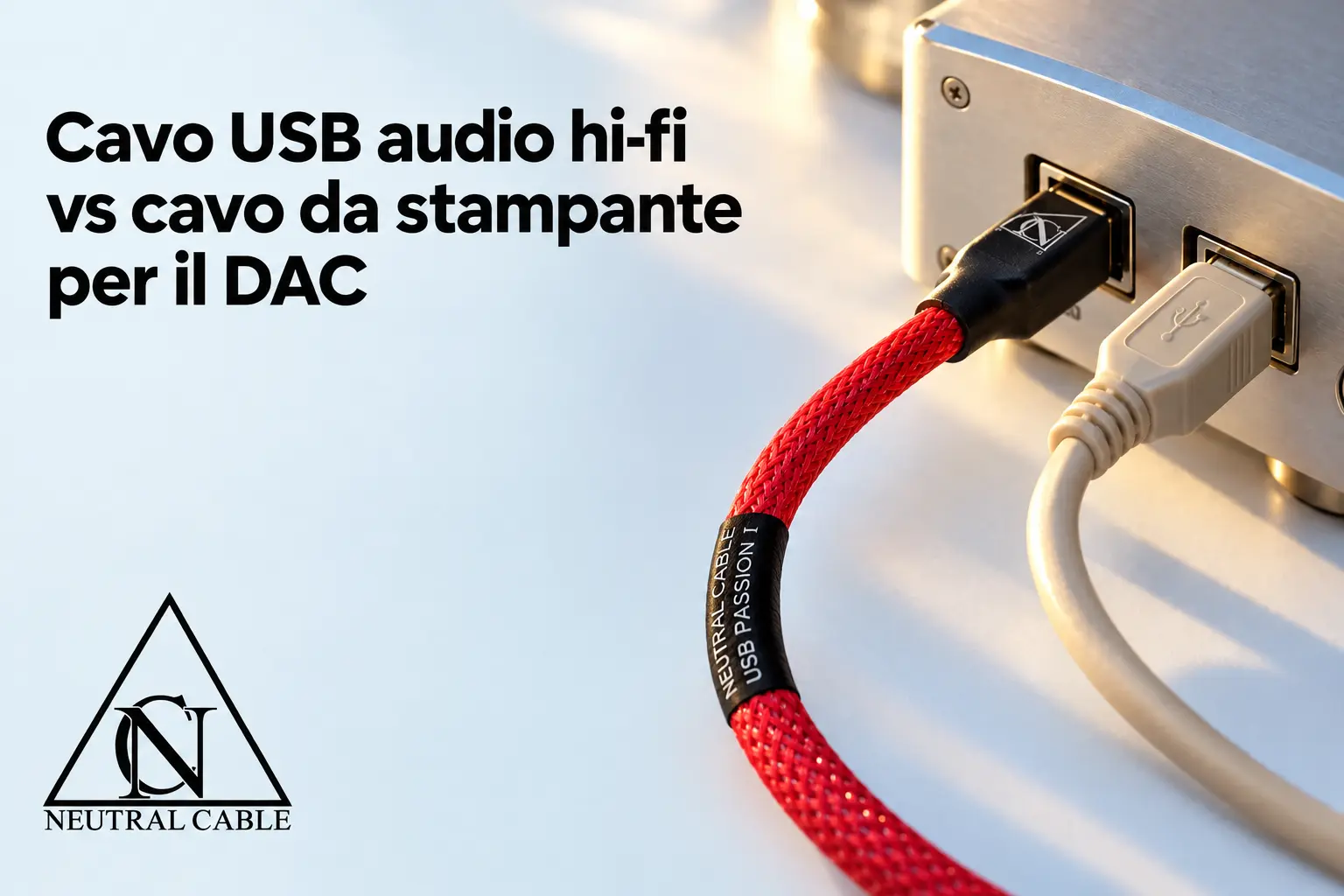 Cavo USB audio hi-fi rosso collegato a DAC con due porte USB, branding Neutral Cable in basso a sinistra. Cavo USB audio hi-fi rosso collegato a DAC con due porte USB, branding Neutral Cable in basso a sinistra.