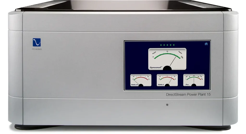 Condizionatore di rete rigeneratore di corrente PS Audio Power Plant 15. ad alte prestazioni cabinet silver con tre indicatori analogici e display centrale, stile industriale.
