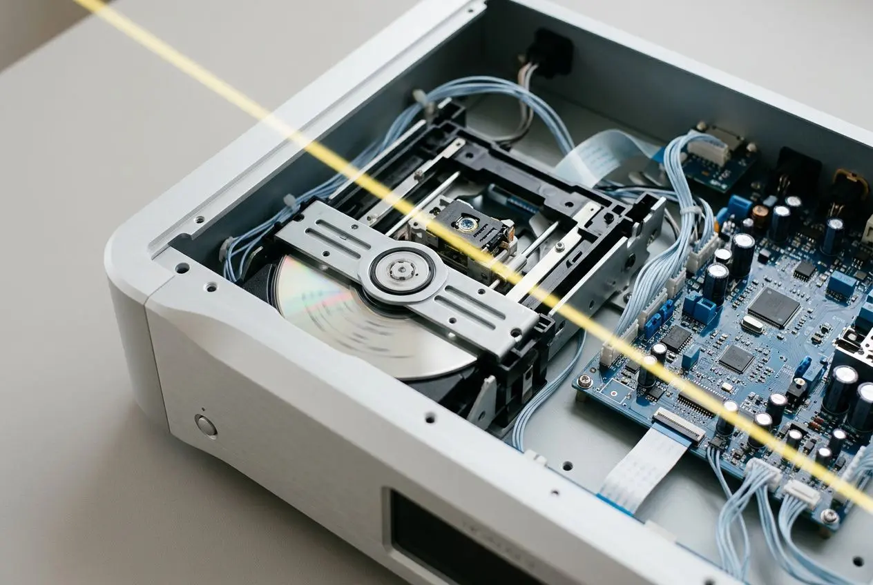 Interno di un lettore CD aperto con circuitry e un'unità ottica, cavi e componenti visibili. i cd suonano meglio dello streaming. vero o falso?