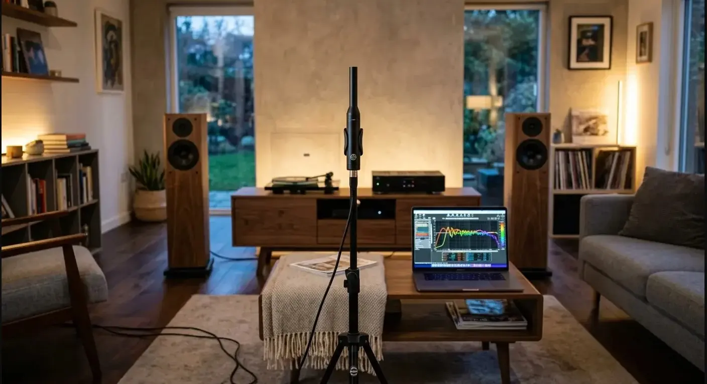 Setup audio hi-fi in soggiorno: microfono a asta, laptop con software di analisi, casse hi-end ai lati, scaffali e divano.