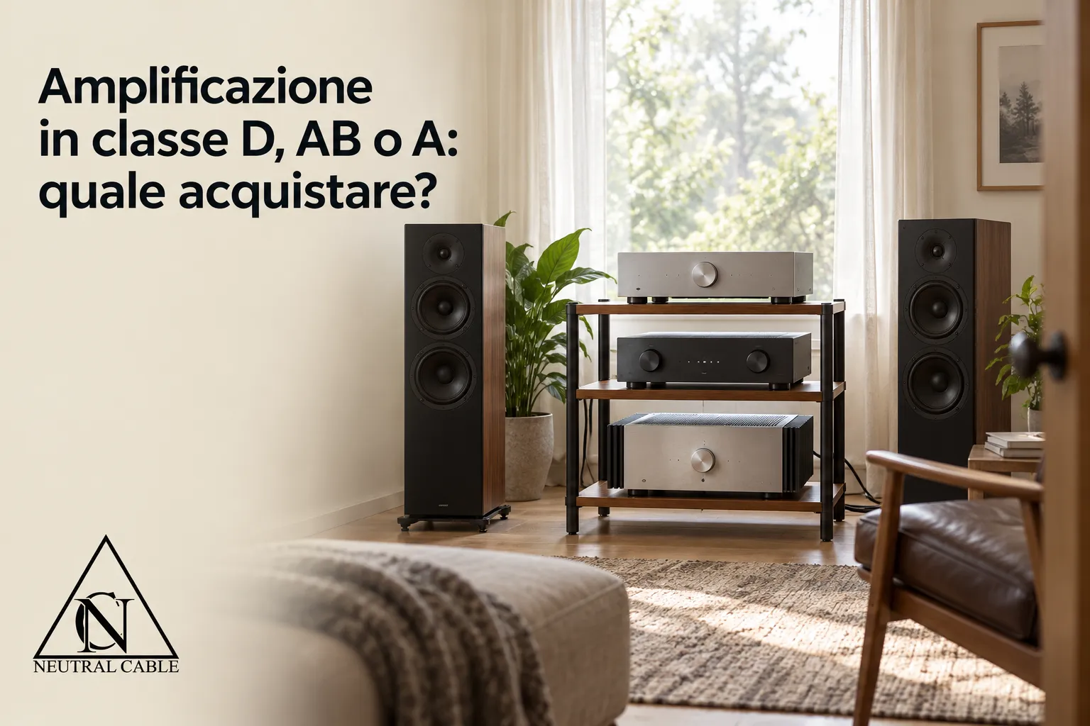 Impianto hi-fi con due diffusori da pavimento e 3 amplificatori diversi su tavolino per hi-fi
