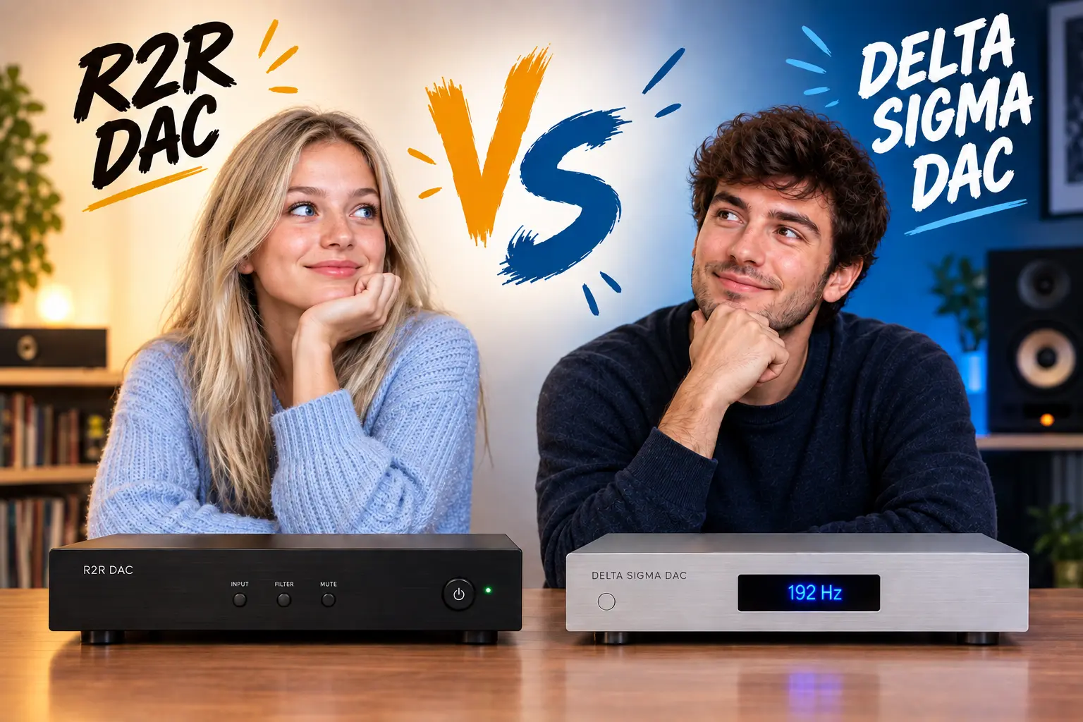 R2R DAC e Delta Sigma DAC a confronto, due persone sorridenti sedute al tavolo con i dispositivi hi-fi di fronte. R2R DAC e Delta Sigma DAC a confronto, due persone sorridenti sedute al tavolo con i dispositivi hi-fi di fronte.