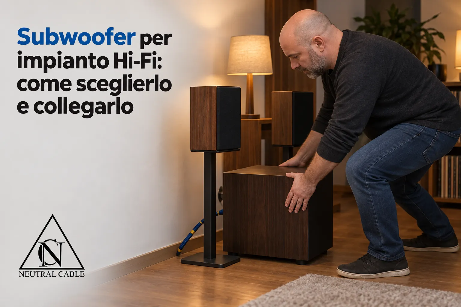 Un uomo sistemando un subwoofer vicino a una coppia di diffusori in soggiorno.